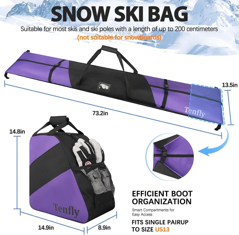 Tenfly Ski Bag and Boot Bag Combo, Snow Ski Bags for Air Travel, Water- resistant Safety Reinforce Ski Travel Bag - Image 2